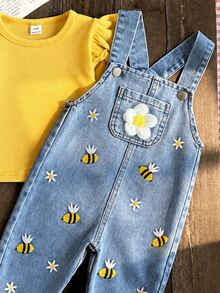 SHEIN 2件組嬰兒男童女童中性 0-3歲 春秋紅色甜美風花卉刺繡牛仔褲，圓領長袖套頭上衣搭配牛仔吊帶褲套裝，適合外出、購物與休閒穿著 - 黃色 - 查看 5