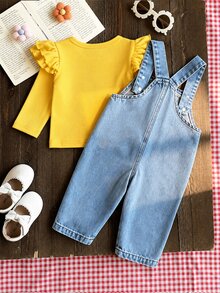 SHEIN 2件組嬰兒男童女童中性 0-3歲 春秋紅色甜美風花卉刺繡牛仔褲，圓領長袖套頭上衣搭配牛仔吊帶褲套裝，適合外出、購物與休閒穿著 - 黃色 - 查看 2