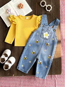 SHEIN 2件組嬰兒男童女童中性 0-3歲 春秋紅色甜美風花卉刺繡牛仔褲，圓領長袖套頭上衣搭配牛仔吊帶褲套裝，適合外出、購物與休閒穿著 - 黃色 - 查看 1