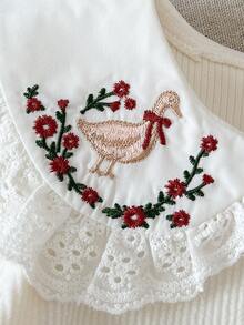Cozy Pixies 女嬰休閒甜美日常舒適白色鵝刺繡田園風彼得潘領套頭長袖羅紋上衣 - 白色 - 查看 4