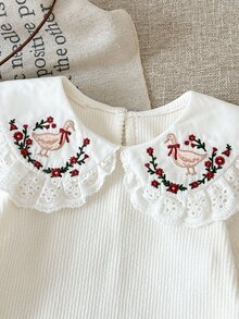 Cozy Pixies 女嬰休閒甜美日常舒適白色鵝刺繡田園風彼得潘領套頭長袖羅紋上衣 - 白色 - 查看 7