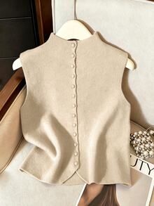 Franclia Casual French Minimalist Loose Fit Mock Neck Sleeveless Button-Front Knit Top, Apricot, Women's Spring/Autumn Office Brunch - Khaki - View 1