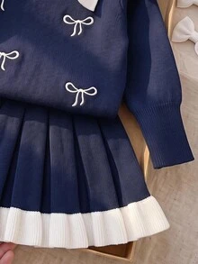 Loomiva 女嬰甜美加厚 3D 蝴蝶結荷葉邊針織開襟衫與裙子 2 件套，寬鬆百搭優雅針織毛衣套裝，溫柔可愛長袖，適合日常穿著、旅行外出，秋冬款 - 彩色 - 查看 5