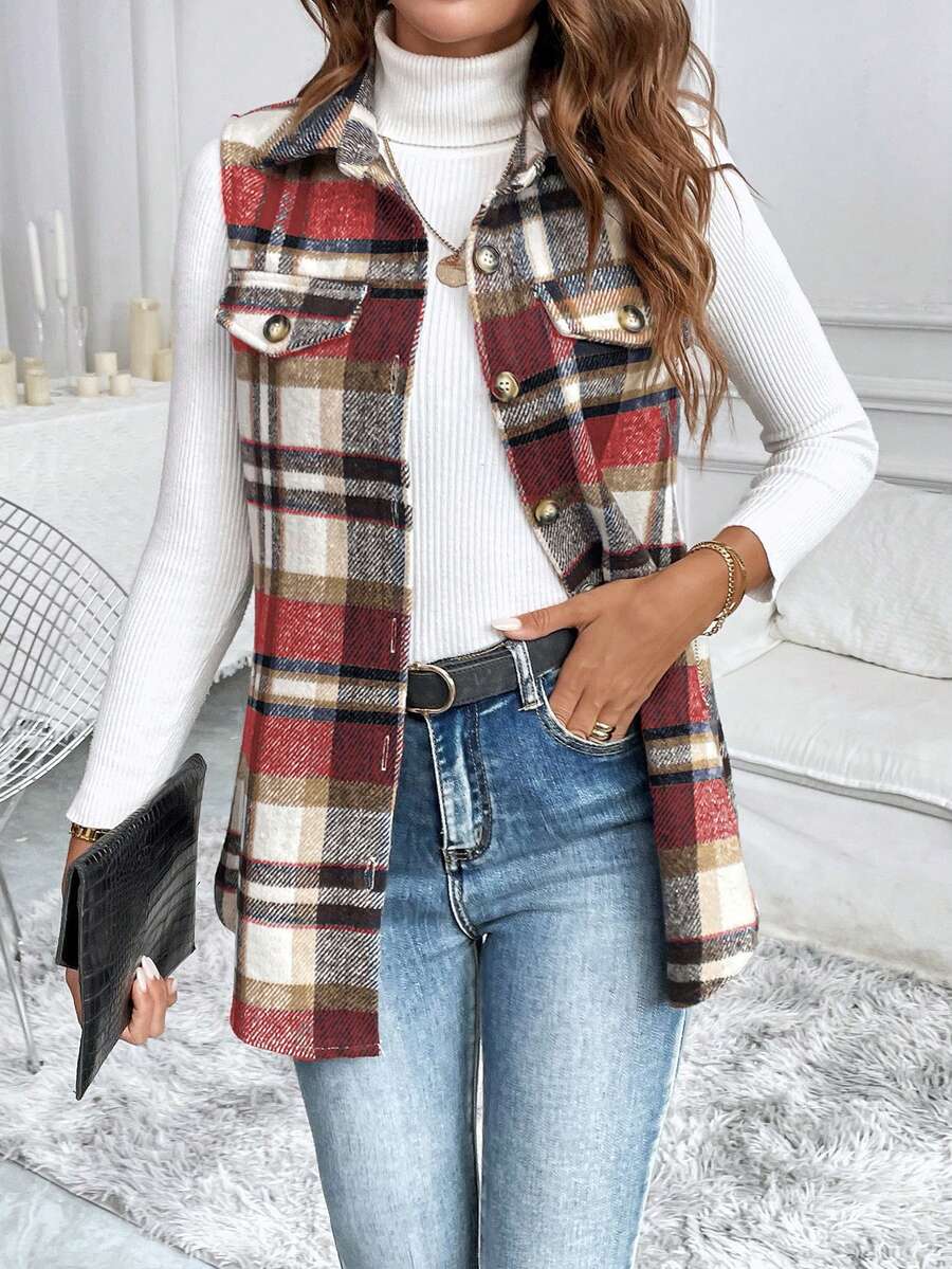 EMERY ROSE Chaqueta de chaleco con cuello de cuadros, minimalista y casual para uso diario - Multicolor - Ver 1