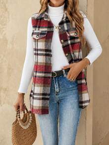 EMERY ROSE Chaqueta de chaleco con cuello de cuadros, minimalista y casual para uso diario - Multicolor - Ver 3