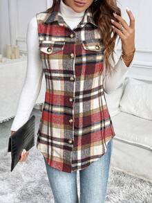 EMERY ROSE Chaqueta de chaleco con cuello de cuadros, minimalista y casual para uso diario - Multicolor - Ver 6