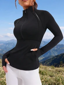 SHEIN Sports Reflective Print Stand Collar Thumb Hole Fitted Sports Long Sleeve Sweatshirt - Black - View 7