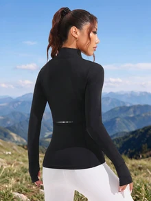 SHEIN Sports Reflective Print Stand Collar Thumb Hole Fitted Sports Long Sleeve Sweatshirt - Black - View 3