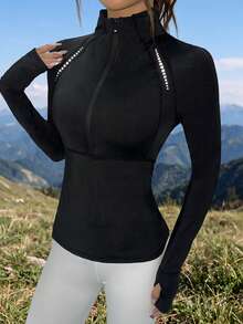 SHEIN Sports Reflective Print Stand Collar Thumb Hole Fitted Sports Long Sleeve Sweatshirt - Black - View 4