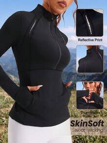 SHEIN Sports Reflective Print Stand Collar Thumb Hole Fitted Sports Long Sleeve Sweatshirt - Black - View 2