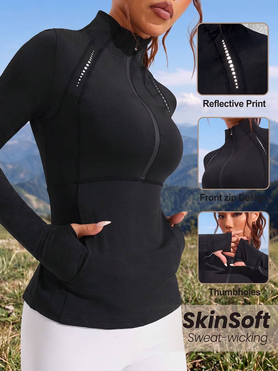 SHEIN Sports Reflective Print Stand Collar Thumb Hole Fitted Sports Long Sleeve Sweatshirt