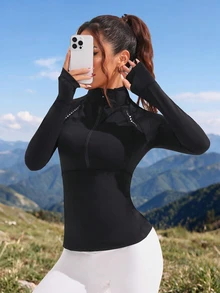 SHEIN Sports Reflective Print Stand Collar Thumb Hole Fitted Sports Long Sleeve Sweatshirt - Black - View 6