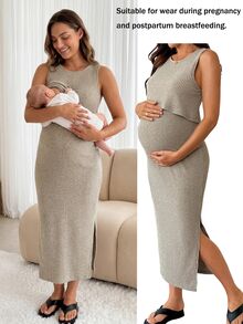 SHEIN Maternity Solid Color Ribbed Casual Sleeveless Nursing Dress - Khaki - View 1