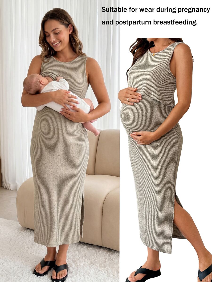 SHEIN Maternity Solid Color Ribbed Casual Sleeveless Nursing Dress - Khaki - View 1