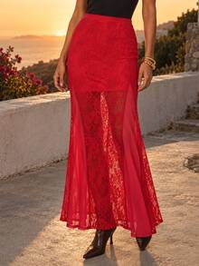 Dancing Leopard Hot Pink High-Waisted Lace Skirt With Mesh Godets - Hot Pink - View 4