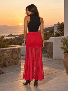 Dancing Leopard Hot Pink High-Waisted Lace Skirt With Mesh Godets - Hot Pink - View 2