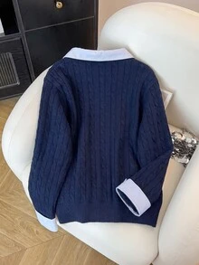GlowEve CURVE 大尺碼拼色拼接針織毛衣，休閒款，適合秋冬穿著 - 藍色 - 查看 2