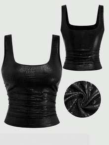 Sweetra New Fashion Wine Red Crocodile Embossed Coated Elastic Streetwear Party Clubwear Commute Daily Fitted Tank Top, Women, Spring/Summer - Black - View 3