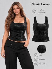 Sweetra New Fashion Wine Red Crocodile Embossed Coated Elastic Streetwear Party Clubwear Commute Daily Fitted Tank Top, Women, Spring/Summer - Black - View 1