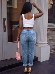 Slaydiva Women's Button Pocket Distressed Frayed Hem Jeans - Blue - View 2