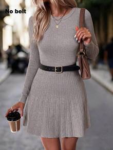 SHEIN Women's Solid Color Round Neck Long Sleeve Casual Knitted Dress, Autumn - Dusty Purple - View 8