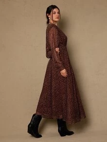 Freevana 大码复古波点印花休闲连衣裙 - 咖啡棕 - 查看 7