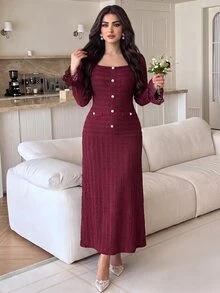Feyla Plus Size Women's Lace Patchwork Elegant Waist-Cinching Party Dress - Burgundy - View 6