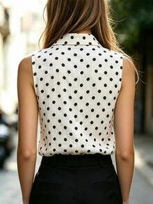 SHEIN 女款亞麻無袖休閒度假襯衫，女款通勤襯衫，女款沙灘襯衫，女款假日襯衫 - 黑與白 - 查看 2