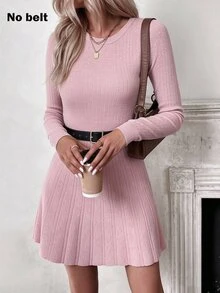 SHEIN 女款純色圓領長袖休閒針織洋裝，秋季 - 淺粉色 - 查看 6