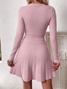SHEIN 女款純色圓領長袖休閒針織洋裝，秋季 - 淺粉色 - 查看 2