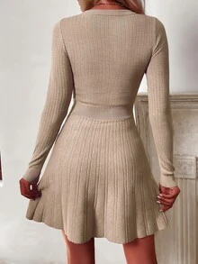 SHEIN 女款純色圓領長袖休閒針織洋裝，秋季 - 駝色 - 查看 2