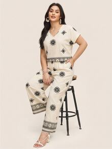 Comfylo 2pcs/Set Plus Size Short Sleeve V-Neck T-Shirt And Pants Elegant Bohemian Casual Women Minimalist Summer Boho Vacation Formal Beach Black And White - Multicolor - View 2