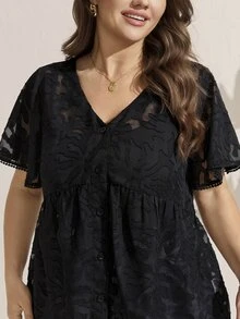 Comfylo Plus Size Women's V-Neck Cutout Ruffle Short Sleeve Single-Breasted Black Babydoll Top, Floral 3D Texture, Music Festival, Vacation, Elegant, Summer - Black - View 9