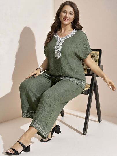 Comfylo Plus Size Women's Summer 2pcs/Set Olive Green Linen Outfits,Boho Business Casual Graphic Decor Short Sleeve Loose Top Wide Leg Pants,Office
