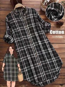 Linhara Plus Size Asymmetrical Hem Faux Linen Striped Fabric Casual Vacation Long Shirt For Women - Black - View 1