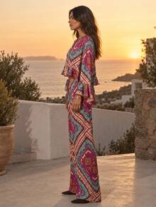 Dancing Leopard Print Wide Leg Ruffle Co-Ord, Evening Party Outfit - Multicolor - View 4