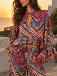 Dancing Leopard Print Wide Leg Ruffle Co-Ord, Evening Party Outfit - Multicolor - View 3
