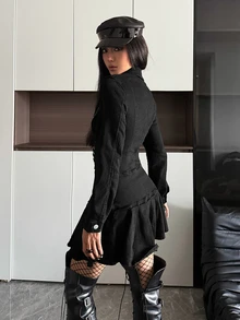 StreetHx Fashion Casual Street Style Blazer Collar Button-Front Strappy Denim Dress - Black - View 5