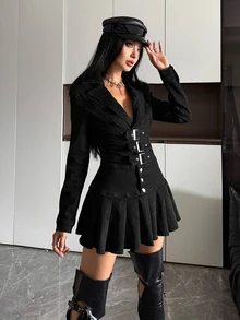 StreetHx Fashion Casual Street Style Blazer Collar Button-Front Strappy Denim Dress - Black - View 3