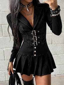 StreetHx Fashion Casual Street Style Blazer Collar Button-Front Strappy Denim Dress - Black - View 1