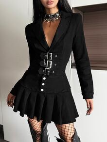 StreetHx Fashion Casual Street Style Blazer Collar Button-Front Strappy Denim Dress - Black - View 9