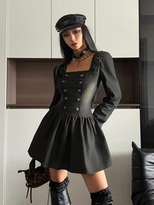 StreetHx Fashionable Sexy Napoleon Button-Up Utility Denim Dress - Black - View 10