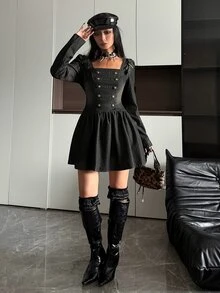 StreetHx Fashionable Sexy Napoleon Button-Up Utility Denim Dress - Black - View 5