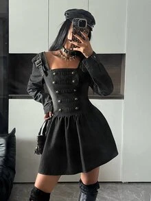 StreetHx Fashionable Sexy Napoleon Button-Up Utility Denim Dress - Black - View 8