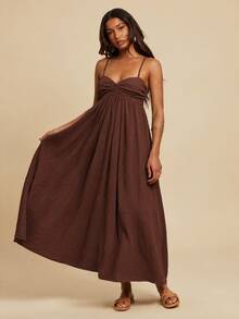 Travachic Women's Solid Color U-Shaped Buckle Pleated Back Shirred Design Boho Loose Spaghetti Strap Dress Garden Party Vacation Chocolate Brown Summer - Coffee Brown - View 4