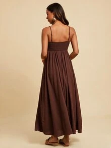 Travachic Women's Solid Color U-Shaped Buckle Pleated Back Shirred Design Boho Loose Spaghetti Strap Dress Garden Party Vacation Chocolate Brown Summer - Coffee Brown - View 2