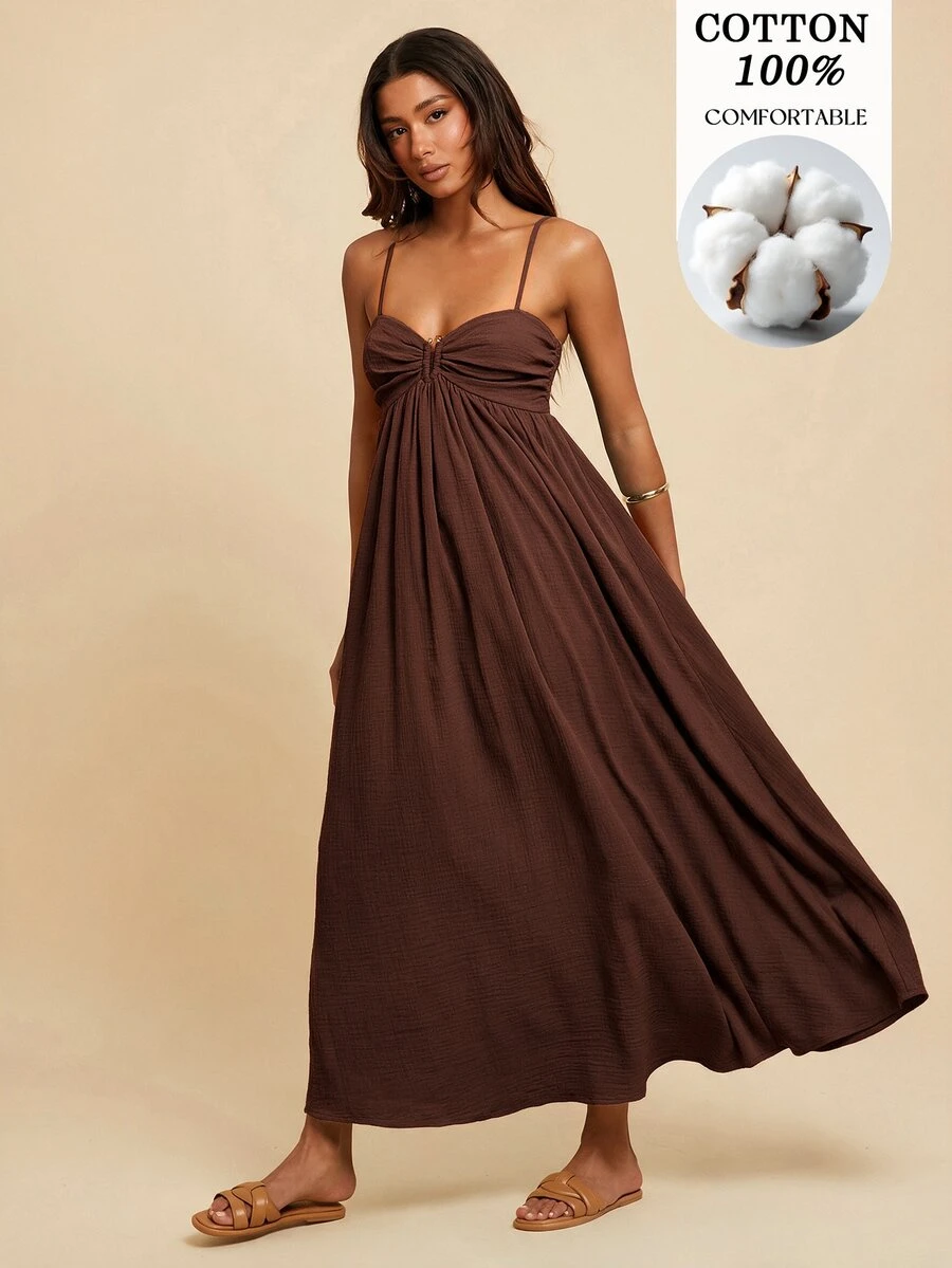 Travachic Women's Solid Color U-Shaped Buckle Pleated Back Shirred Design Boho Loose Spaghetti Strap Dress Garden Party Vacation Chocolate Brown Summer - Coffee Brown - View 1