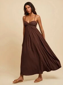 Travachic Women's Solid Color U-Shaped Buckle Pleated Back Shirred Design Boho Loose Spaghetti Strap Dress Garden Party Vacation Chocolate Brown Summer - Coffee Brown - View 6