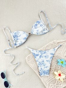 SHEIN Swim 2pcs Ditsy Floral Twist Front Side Pearl Button Thong Bikini Set, Beach Vacation Women Swimwear For Summer - Blue and White - View 2