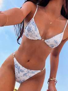 SHEIN Swim 2pcs Ditsy Floral Twist Front Side Pearl Button Thong Bikini Set, Beach Vacation Women Swimwear For Summer - Blue and White - View 3